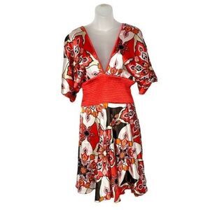 Bebe Red & White Floral Y2K Silk Kimono Reversible Mini Dress M